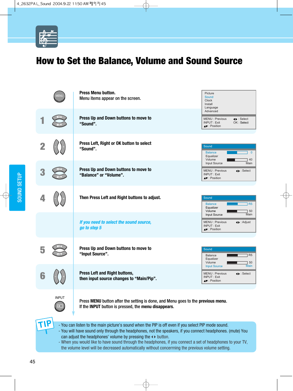 How to set the balance, volume and sound source | Hyundai HQL260WR User Manual | Page 48 / 85