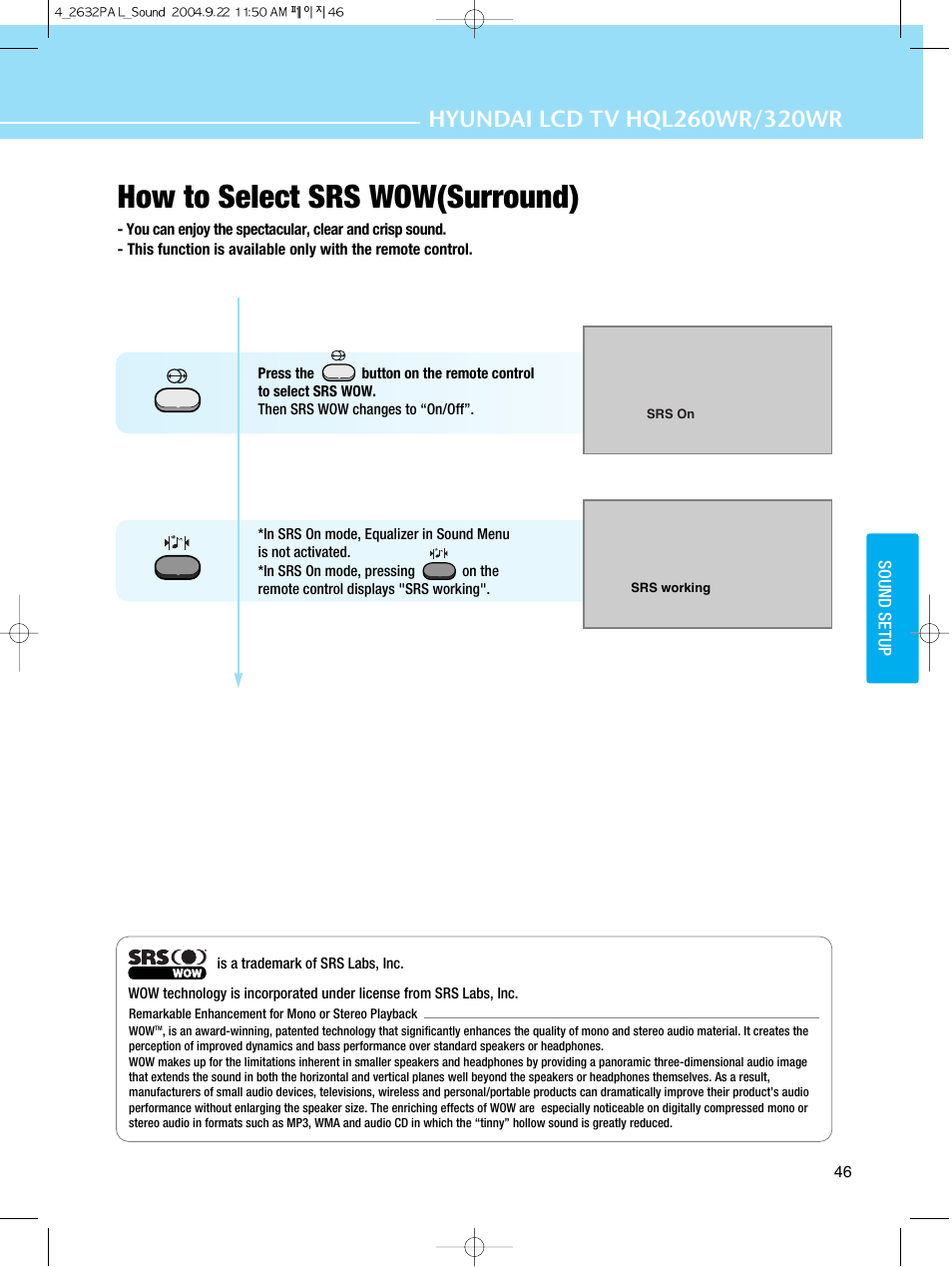 How to select srs wow(surround) | Hyundai HQL260WR User Manual | Page 49 / 85