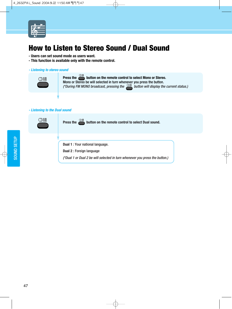 How to listen to stereo sound / dual sound | Hyundai HQL260WR User Manual | Page 50 / 85