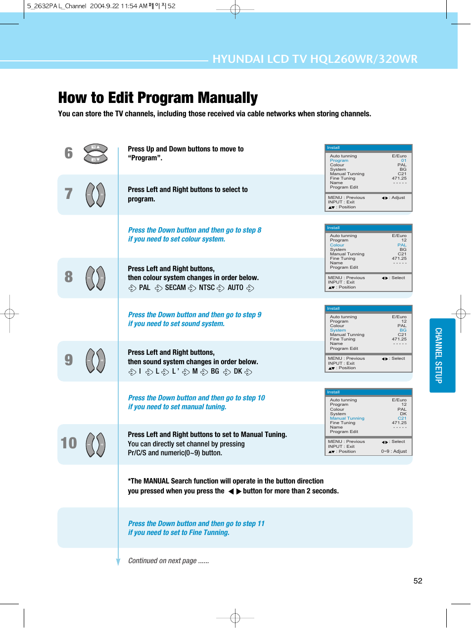 86 7 how to edit program manually, Channel setup | Hyundai HQL260WR User Manual | Page 55 / 85