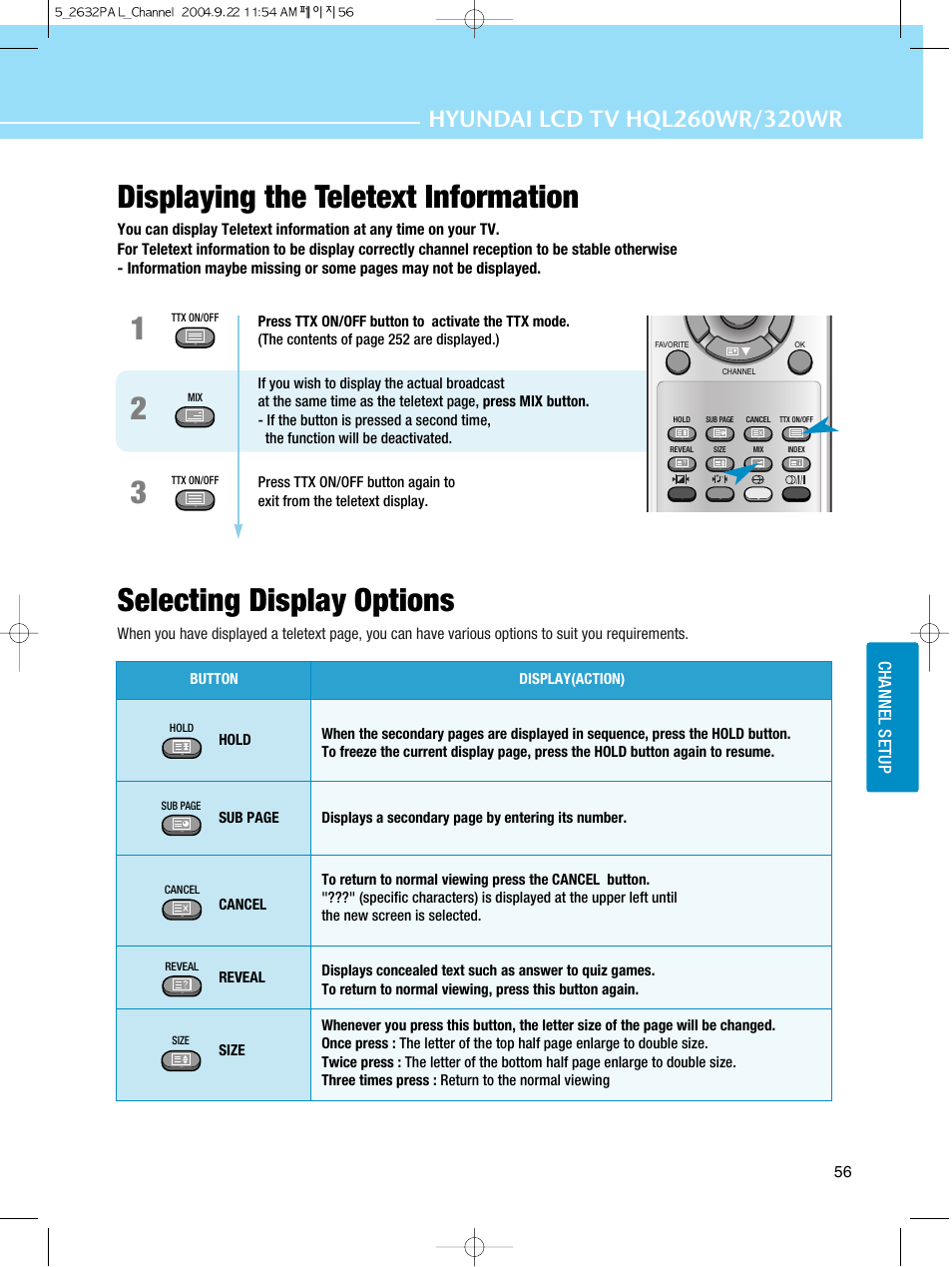 Displaying the teletext information, Selecting display options | Hyundai HQL260WR User Manual | Page 59 / 85