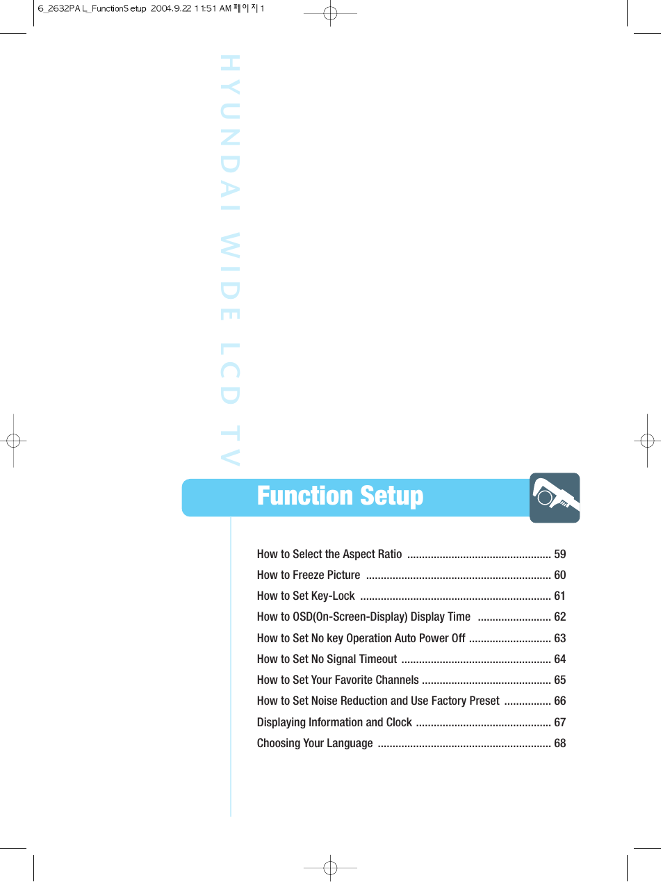 Function setup hyund ai wide l cd t v | Hyundai HQL260WR User Manual | Page 61 / 85