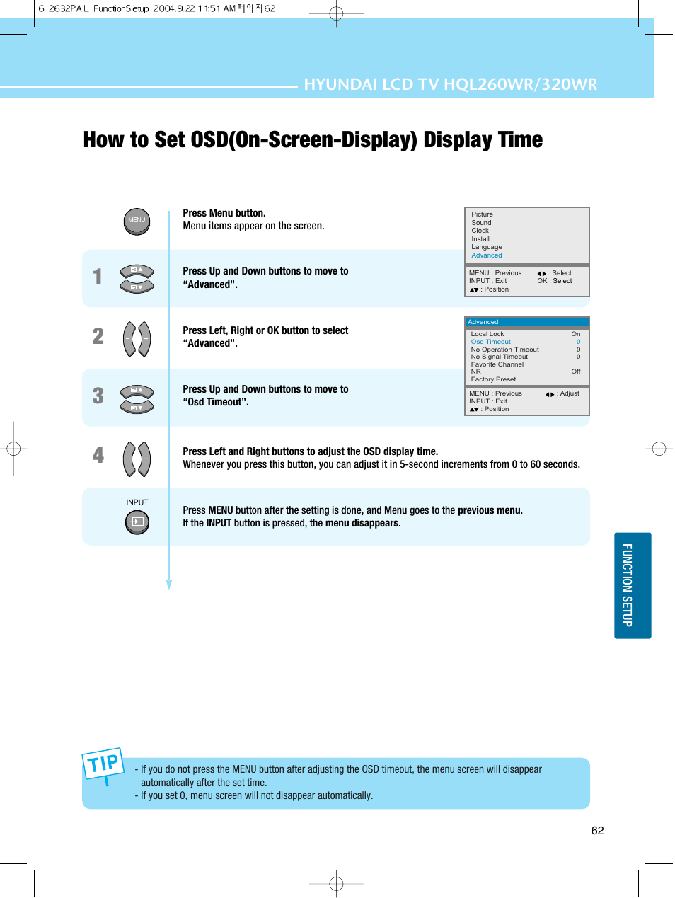 How to set osd(on-screen-display) display time | Hyundai HQL260WR User Manual | Page 65 / 85