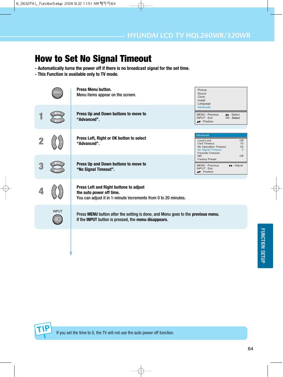 How to set no signal timeout | Hyundai HQL260WR User Manual | Page 67 / 85