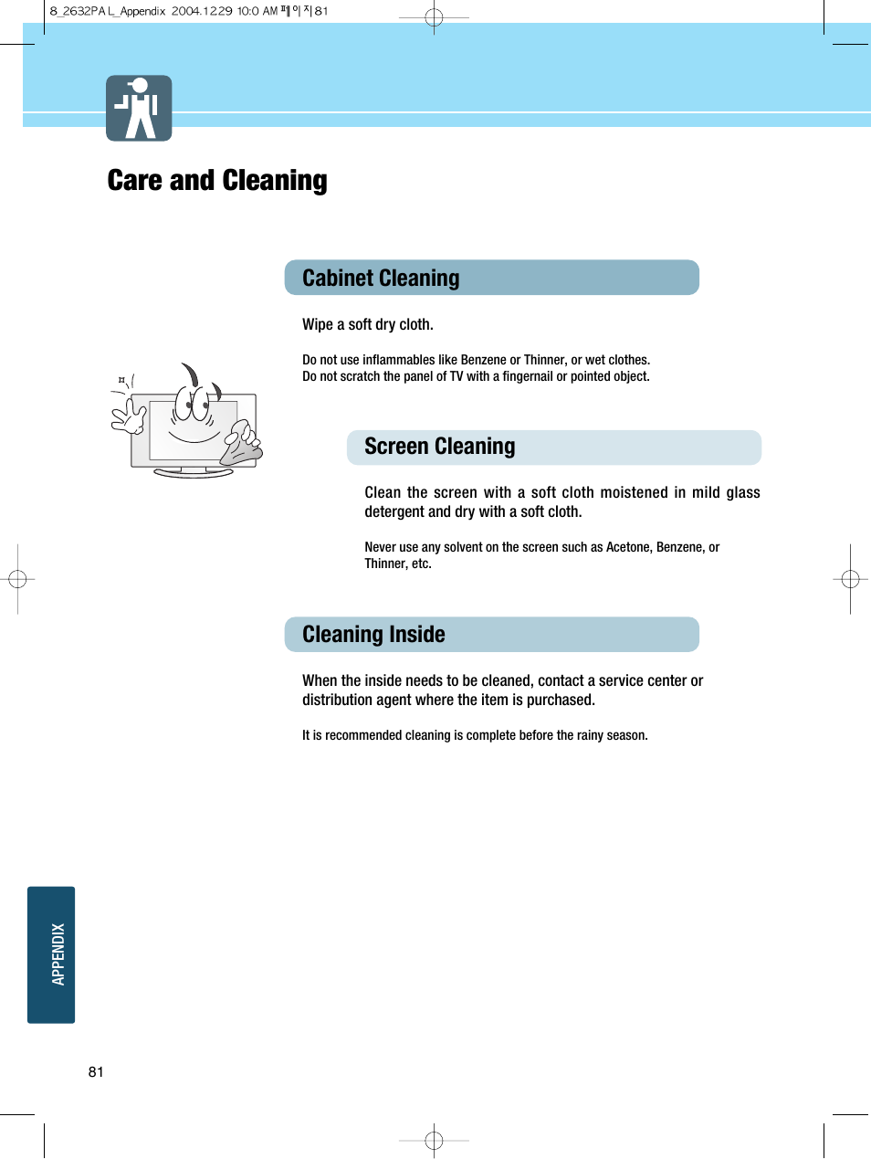 Care and cleaning, Cabinet cleaning, Screen cleaning | Cleaning inside | Hyundai HQL260WR User Manual | Page 84 / 85