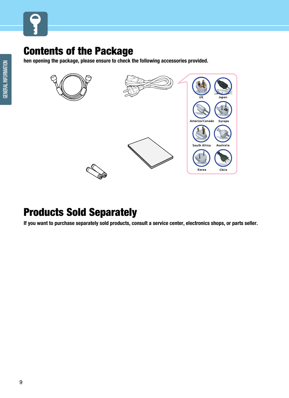 Contents of the package, Products sold separately | Hyundai E425D User Manual | Page 12 / 75