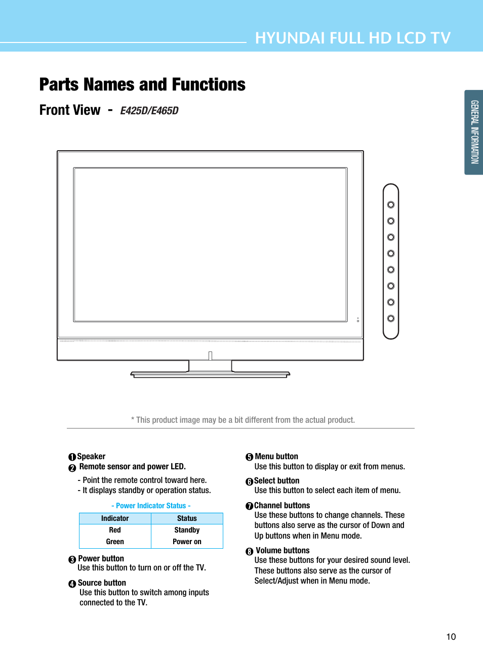 Parts names and functions, Hyundai full hd lcd tv, Front view | Hyundai E425D User Manual | Page 13 / 75