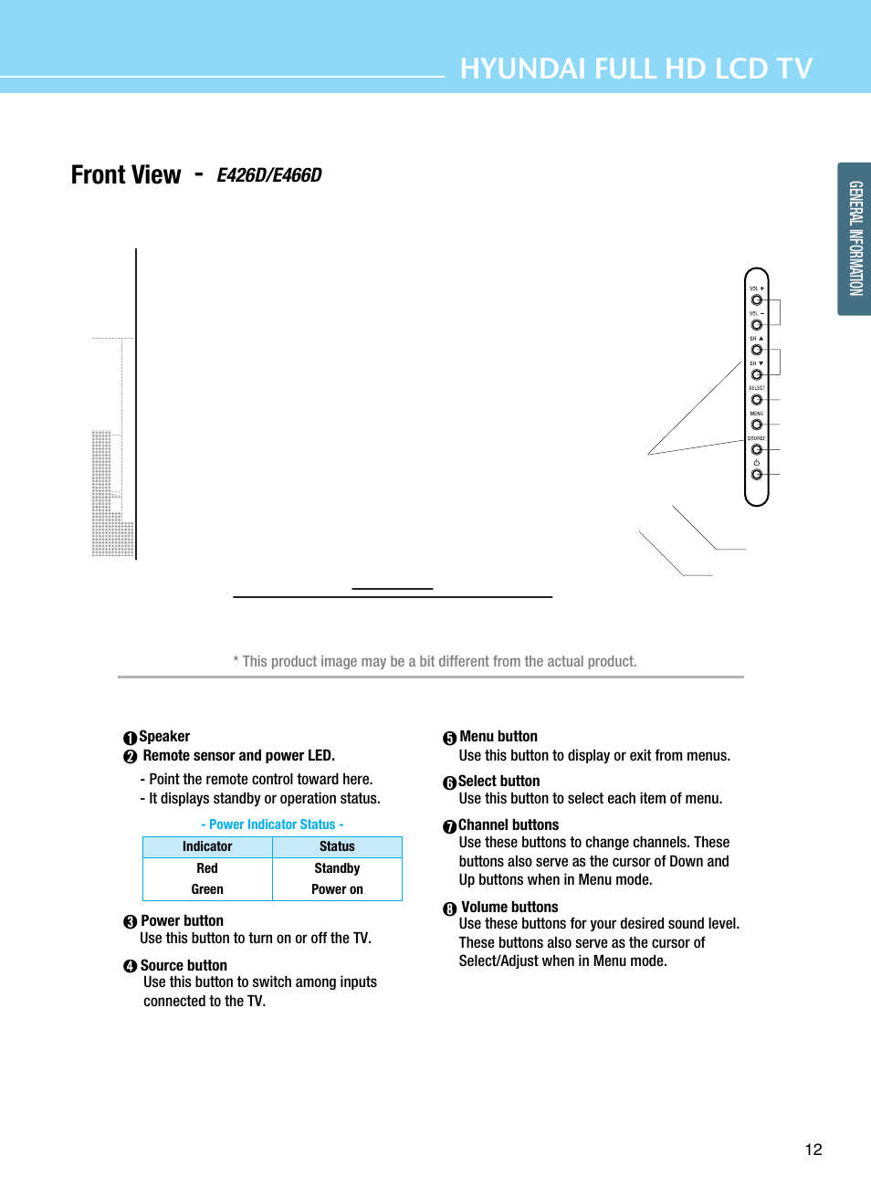 Hyundai full hd lcd tv, Front view | Hyundai E425D User Manual | Page 15 / 75