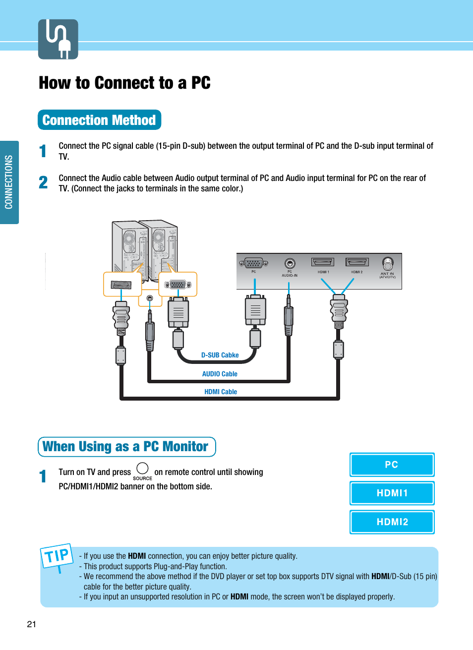 How to connect to a pc, Connection method, When using as a pc monitor | Hyundai E425D User Manual | Page 24 / 75