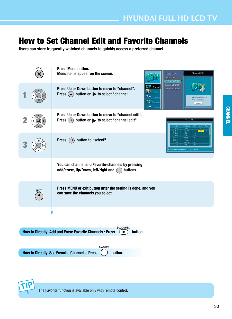 How to set channel edit and favorite channels, Hyundai full hd lcd tv | Hyundai E425D User Manual | Page 33 / 75
