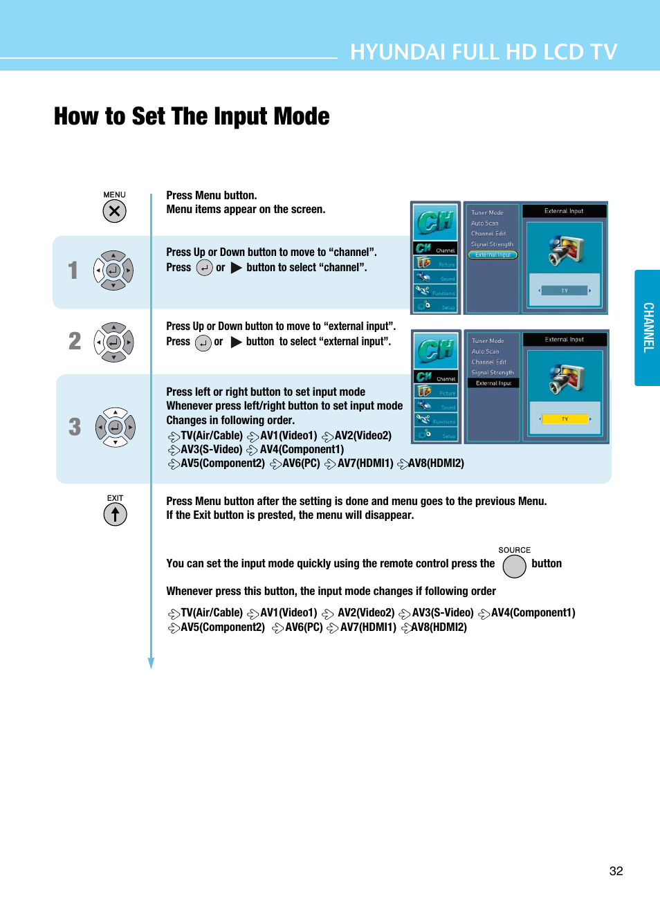 How to set the input mode 1 2 3, Hyundai full hd lcd tv | Hyundai E425D User Manual | Page 35 / 75