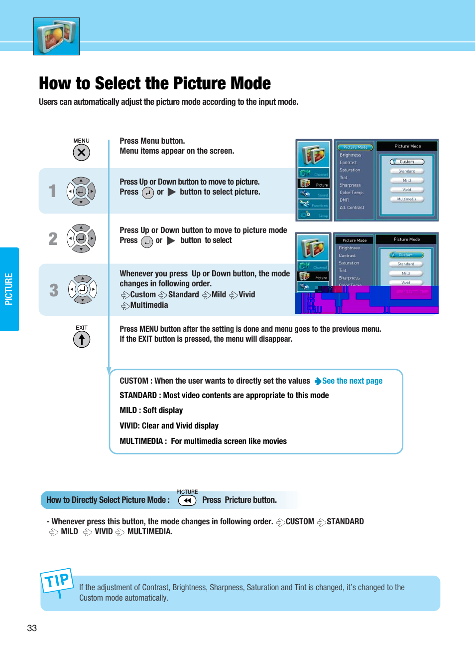 12 3 how to select the picture mode | Hyundai E425D User Manual | Page 36 / 75