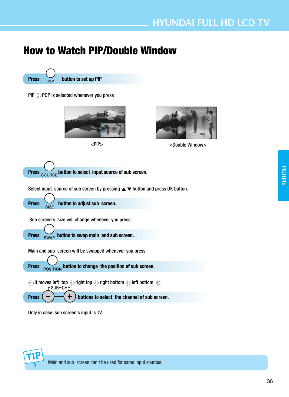 How to watch pip/double window, Hyundai full hd lcd tv | Hyundai E425D User Manual | Page 39 / 75