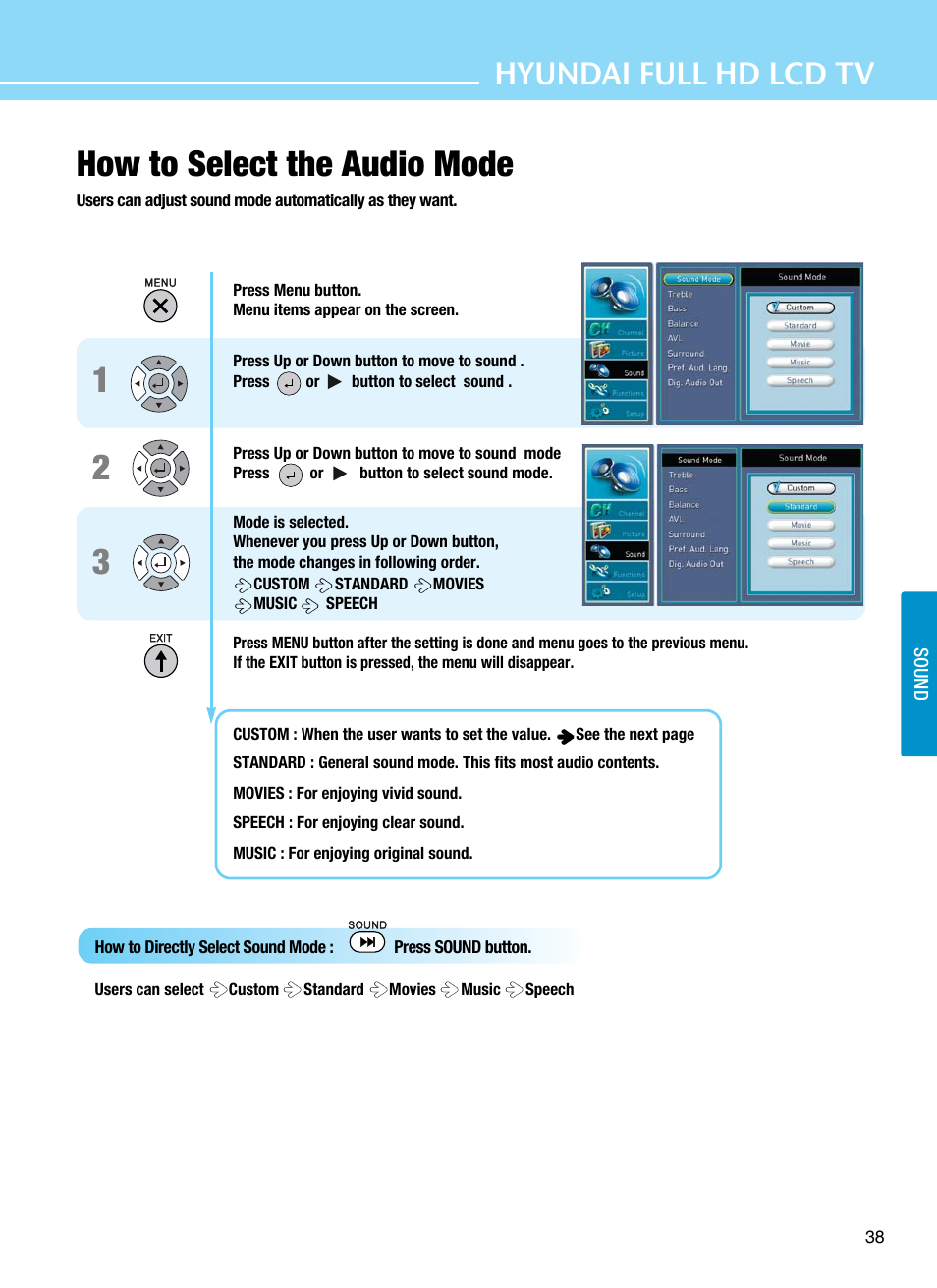 12 3 how to select the audio mode, Hyundai full hd lcd tv | Hyundai E425D User Manual | Page 41 / 75