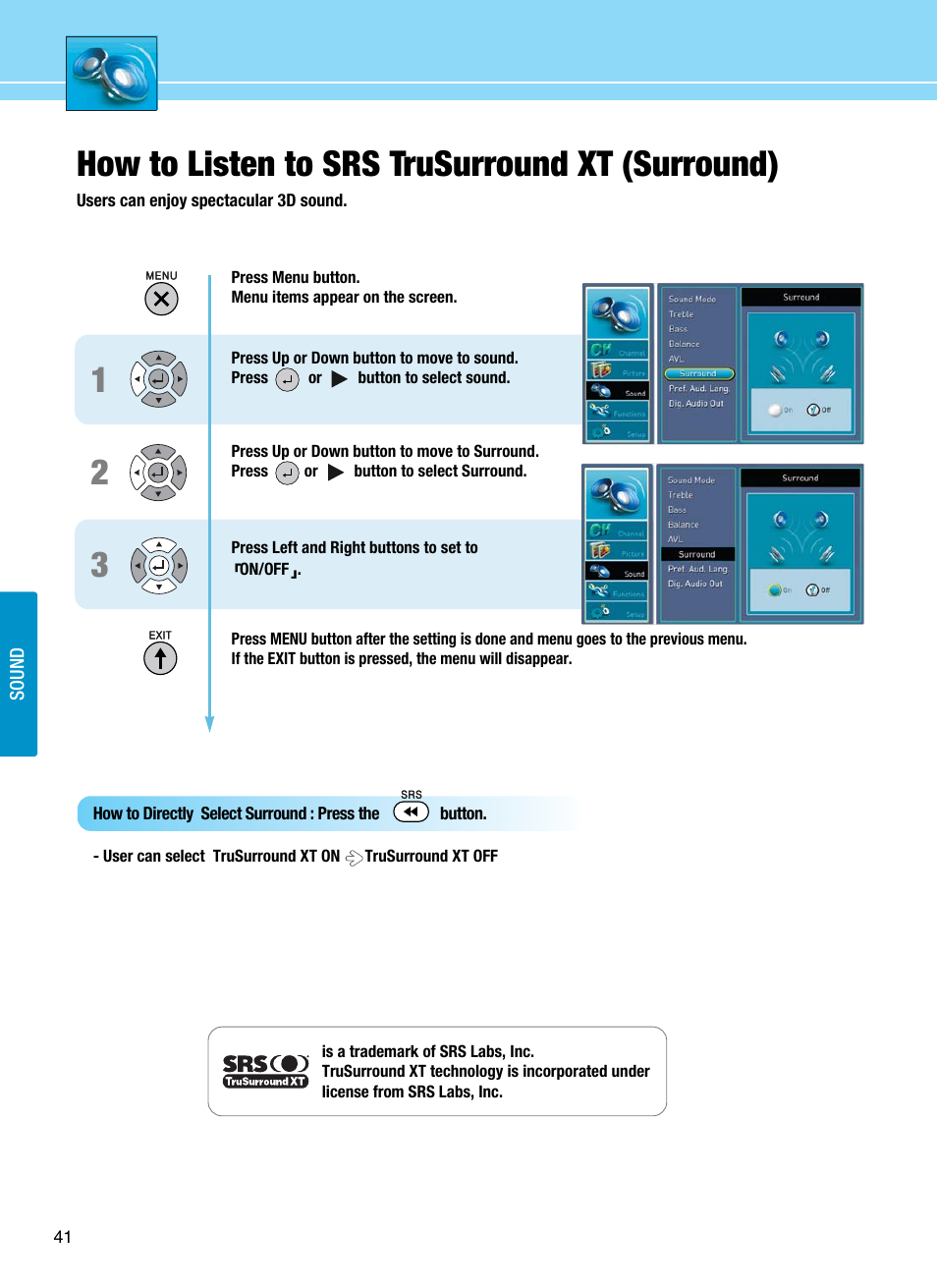 How to listen to srs trusurround xt (surround) | Hyundai E425D User Manual | Page 44 / 75