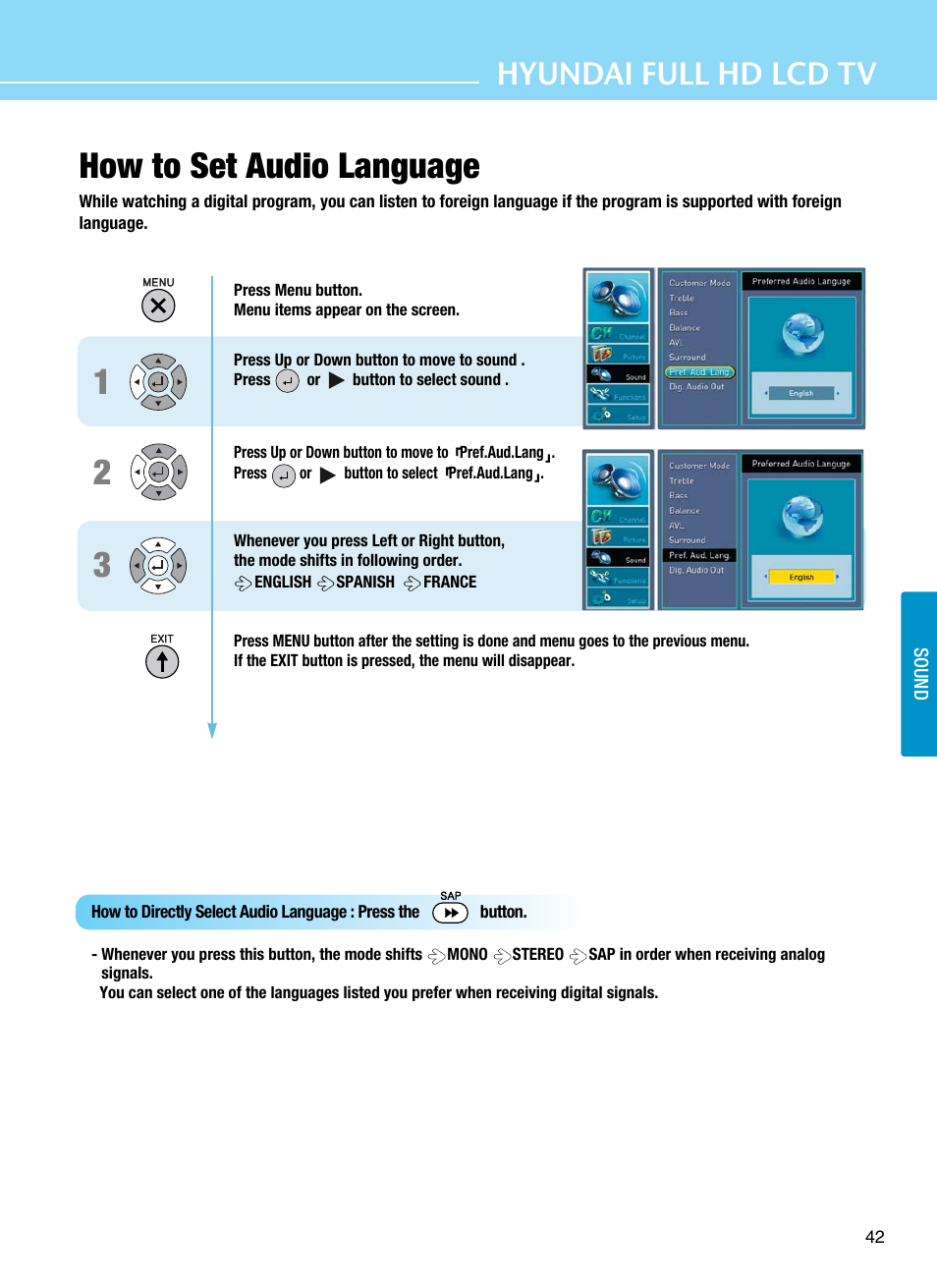 How to set audio language, Hyundai full hd lcd tv | Hyundai E425D User Manual | Page 45 / 75