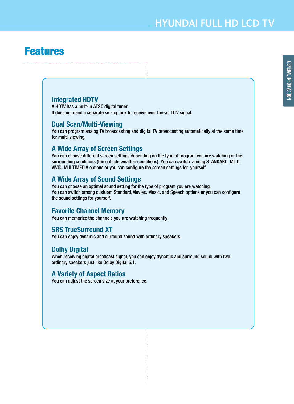 Features, Hyundai full hd lcd tv | Hyundai E425D User Manual | Page 5 / 75