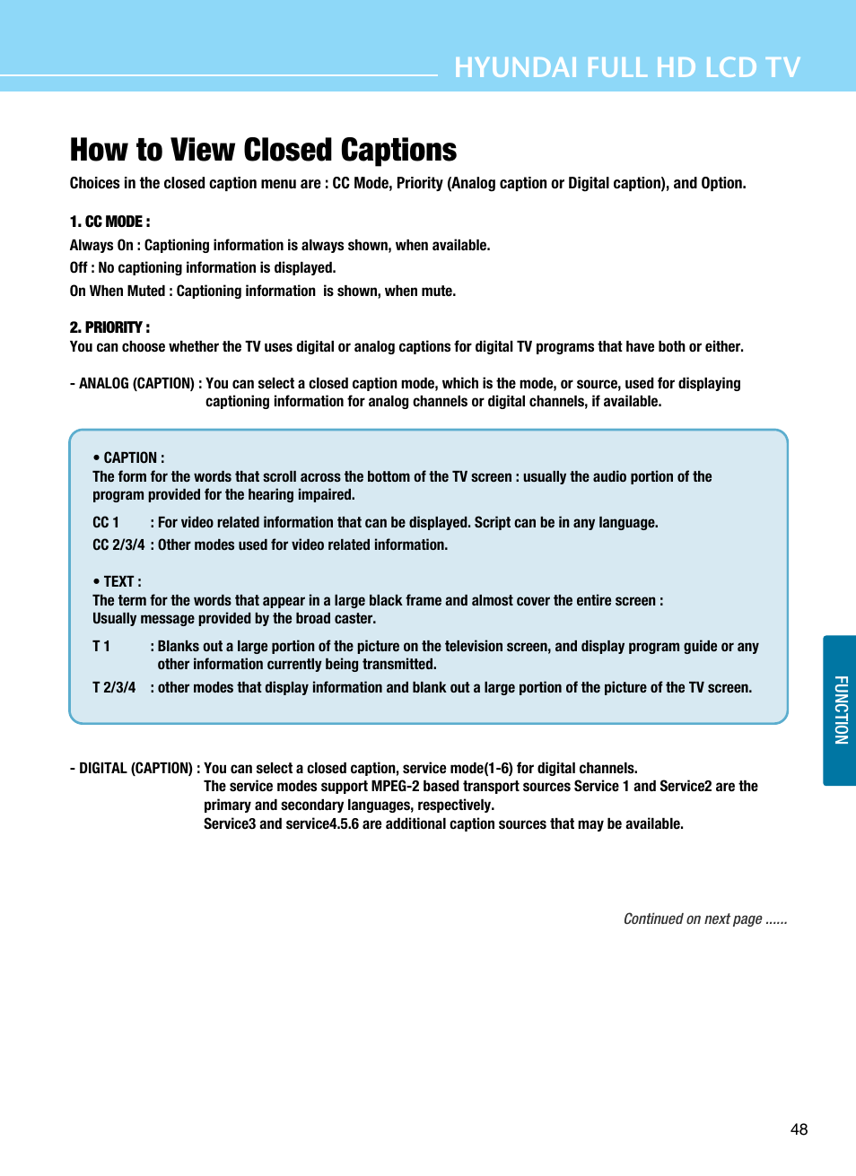 How to view closed captions, Hyundai full hd lcd tv | Hyundai E425D User Manual | Page 51 / 75