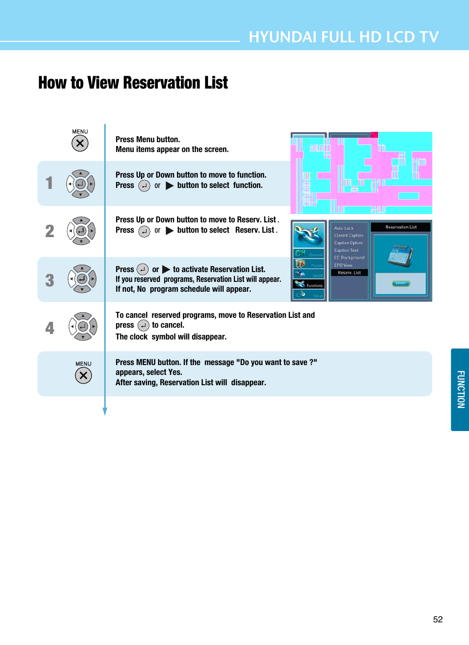 34 how to view reservation list 2 1, Hyundai full hd lcd tv | Hyundai E425D User Manual | Page 55 / 75