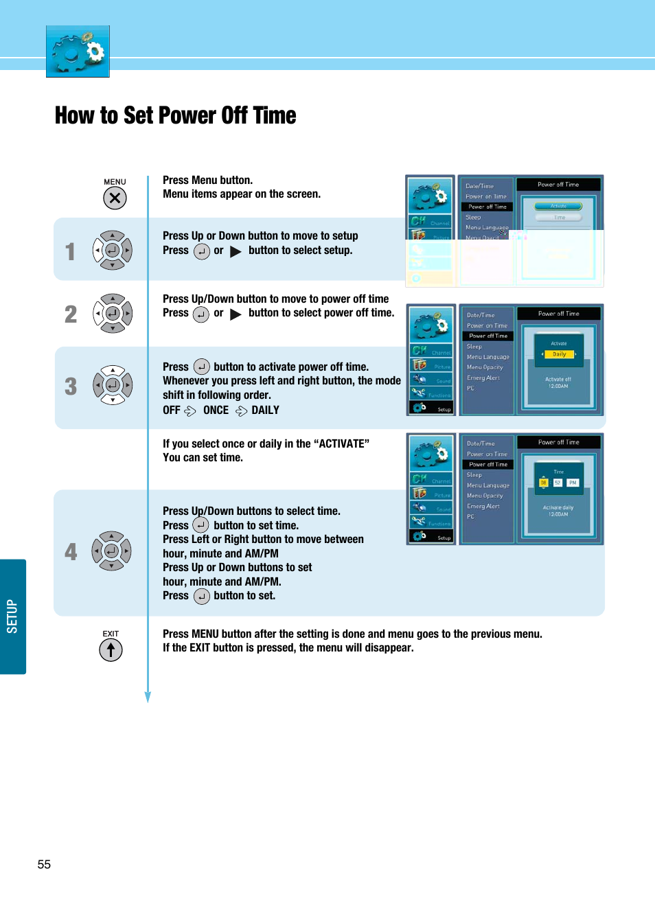 How to set power off time 1 2 3 4 | Hyundai E425D User Manual | Page 58 / 75