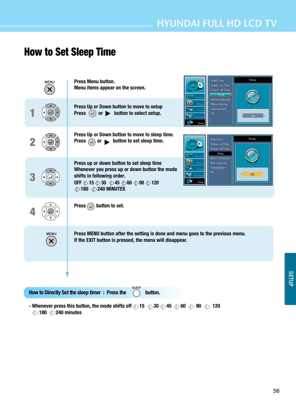 How to set sleep time, Hyundai full hd lcd tv | Hyundai E425D User Manual | Page 59 / 75