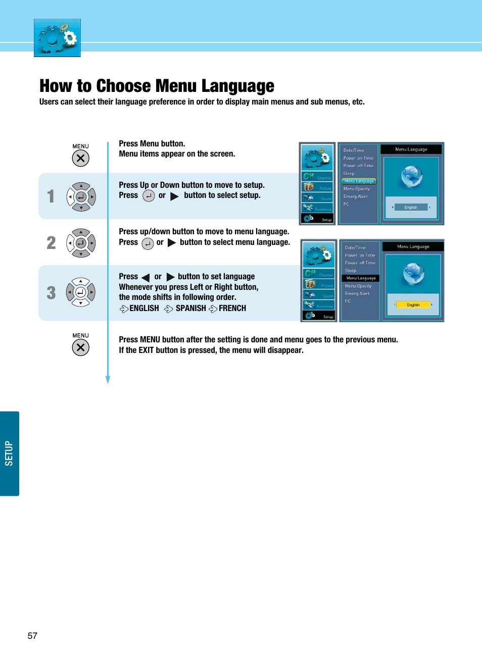 How to choose menu language | Hyundai E425D User Manual | Page 60 / 75