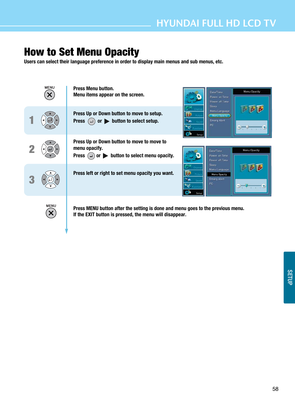 How to set menu opacity, Hyundai full hd lcd tv | Hyundai E425D User Manual | Page 61 / 75