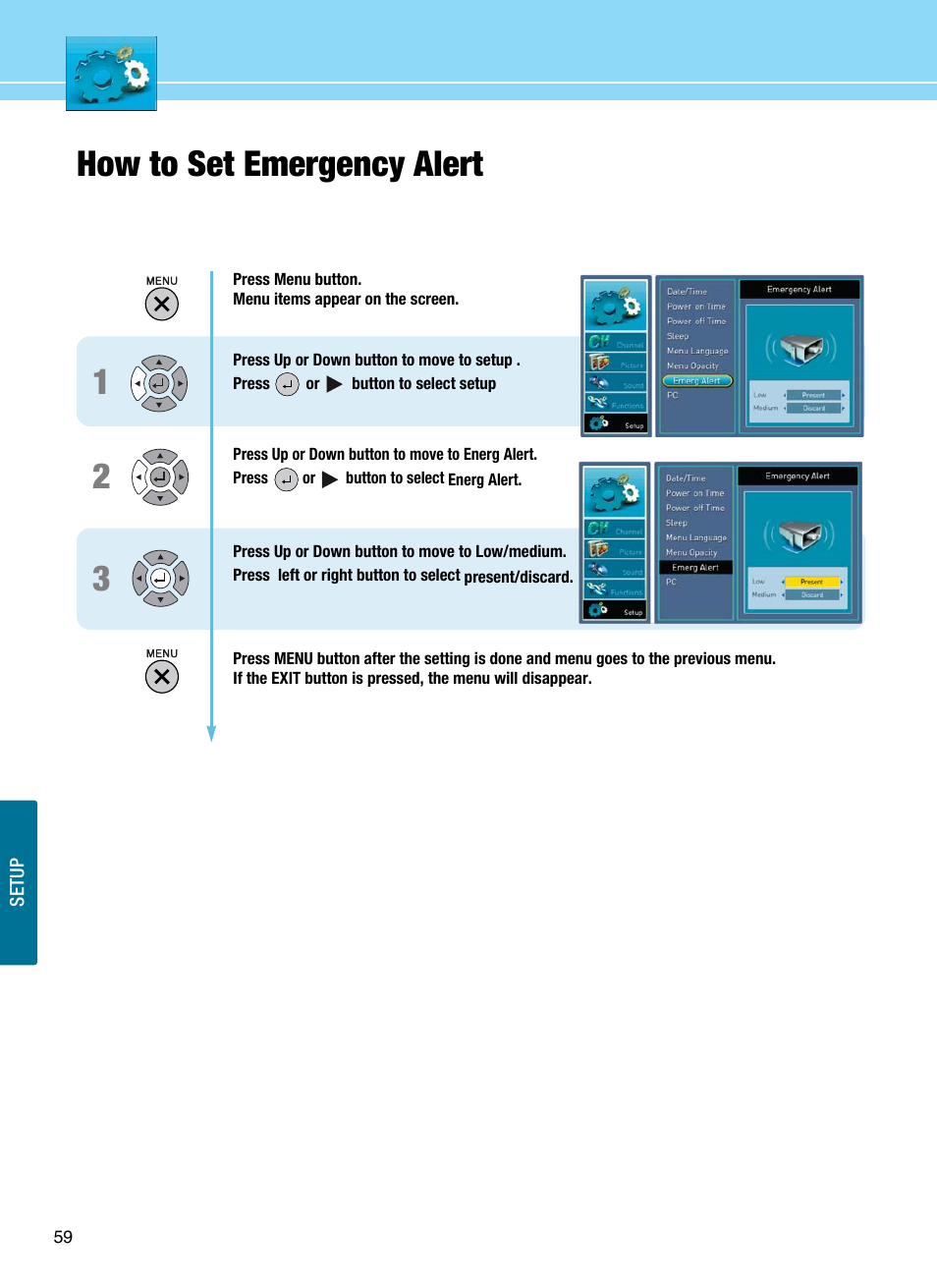 How to set emergency alert 1 2 3 | Hyundai E425D User Manual | Page 62 / 75