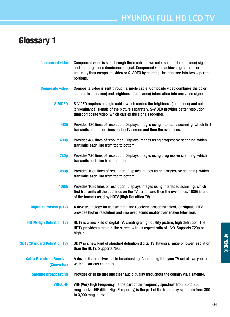 Glossary 1, Hyundai full hd lcd tv | Hyundai E425D User Manual | Page 67 / 75