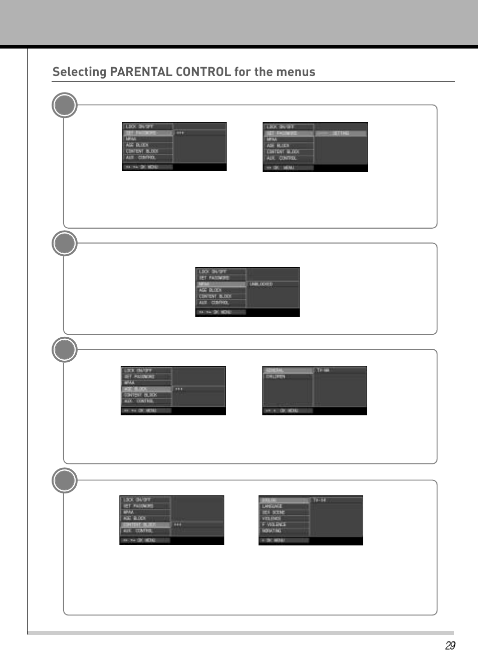 Selecting parental control for the menus | Hyundai IT HLT-2672 User Manual | Page 30 / 41