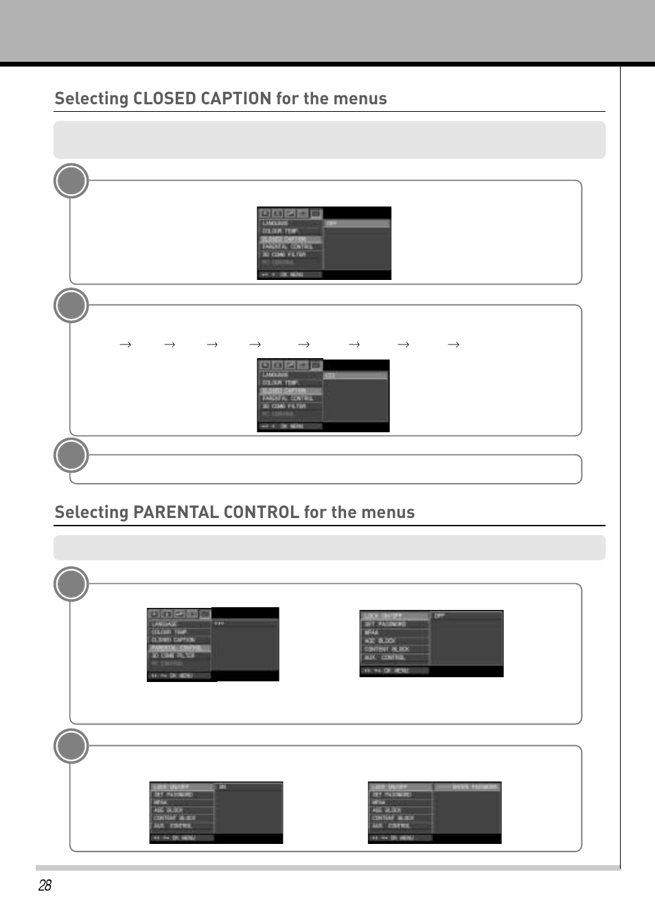 Selecting closed caption for the menus, Selecting parental control for the menus | Hyundai IT HLT-3272 User Manual | Page 29 / 41