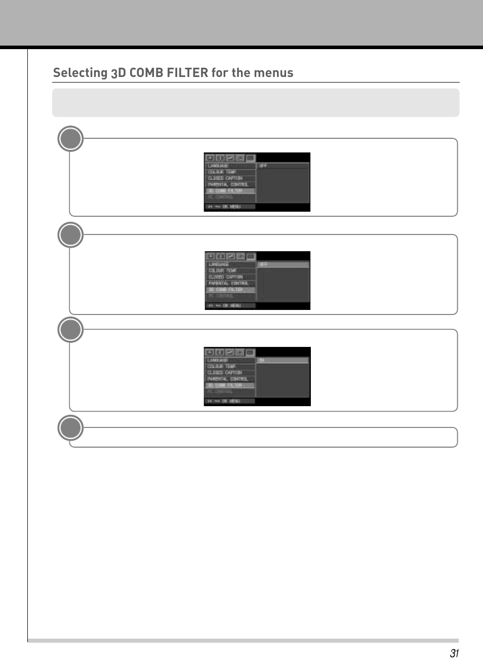 Selecting 3d comb filter for the menus | Hyundai IT HLT-3272 User Manual | Page 32 / 41