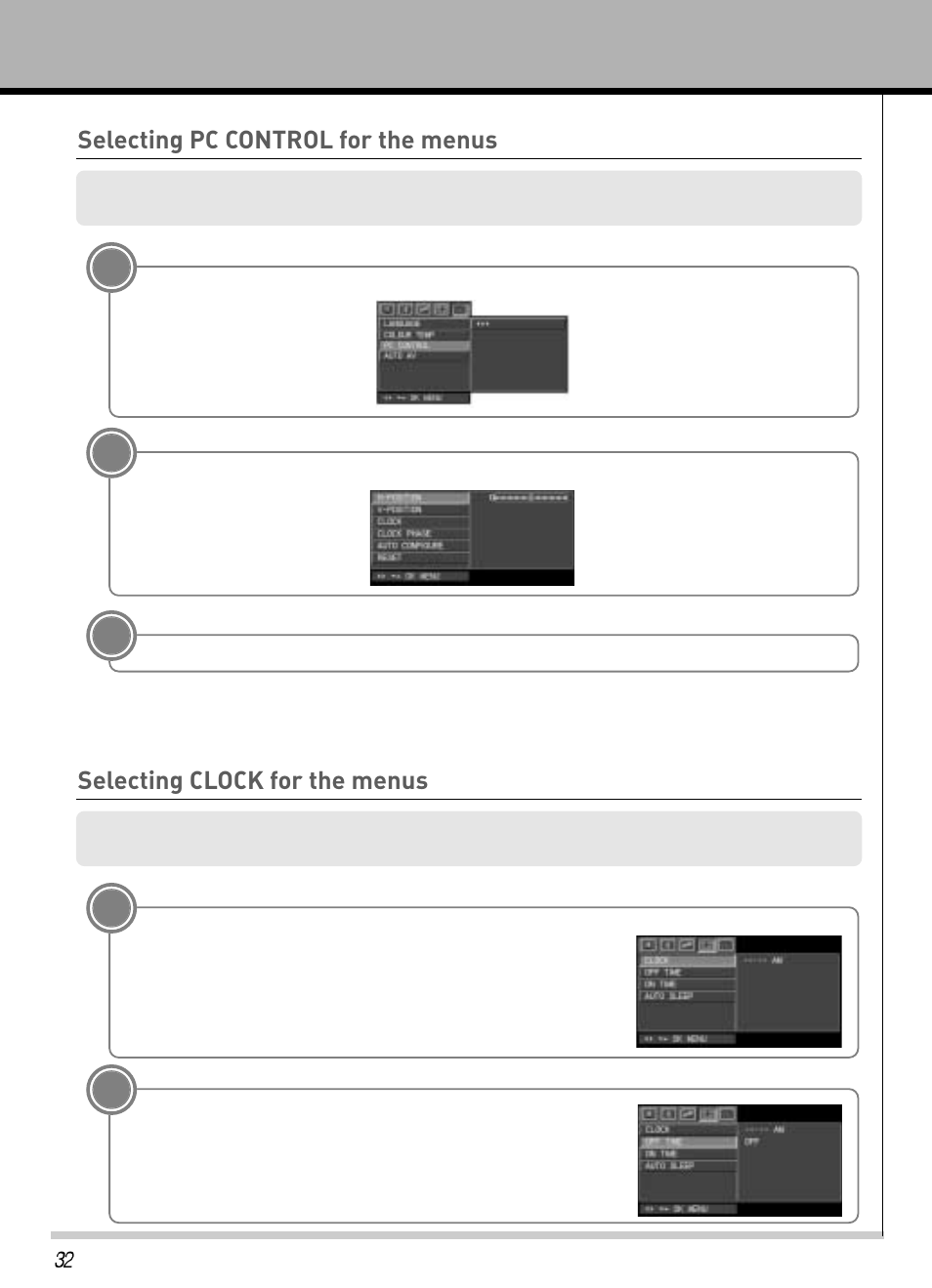 Selecting pc control for the menus, Selecting clock for the menus | Hyundai IT HLT-3272 User Manual | Page 33 / 41