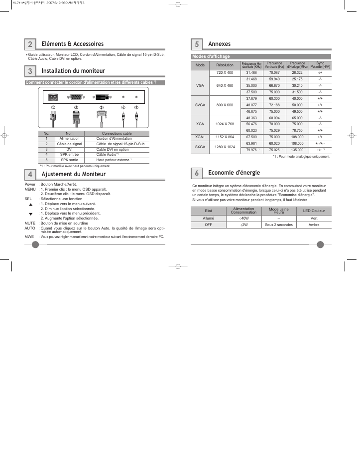 Annexes, Economie d'énergie, Eléments & accessoires | Installation du moniteur, Ajustement du moniteur | Hyundai IT LCD Monitor U70D User Manual | Page 9 / 27