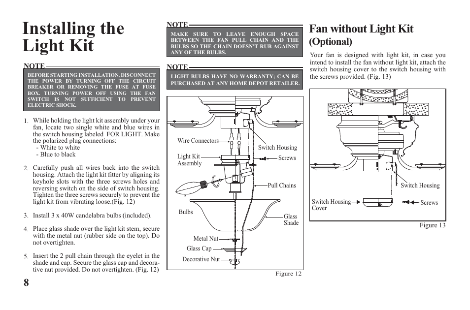 Yg204b-e-p8, Installing the light kit, Fan without light kit | Optional) | Hampton Direct Hawkins 44 in Ceiling Fan 122 135 User Manual | Page 10 / 14