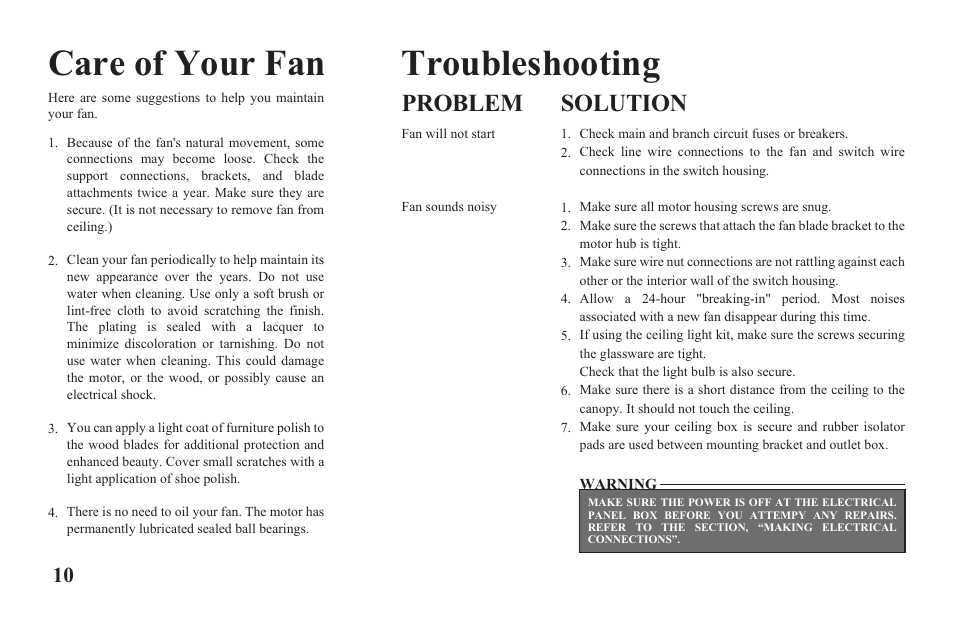 Yg204b-e-p10, Care of your fan troubleshooting, Problem solution | Hampton Direct Hawkins 44 in Ceiling Fan 122 135 User Manual | Page 12 / 14