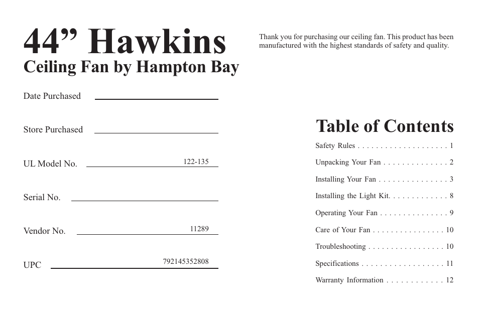 Hampton Direct Hawkins 44 in Ceiling Fan 122 135 User Manual | Page 2 / 14