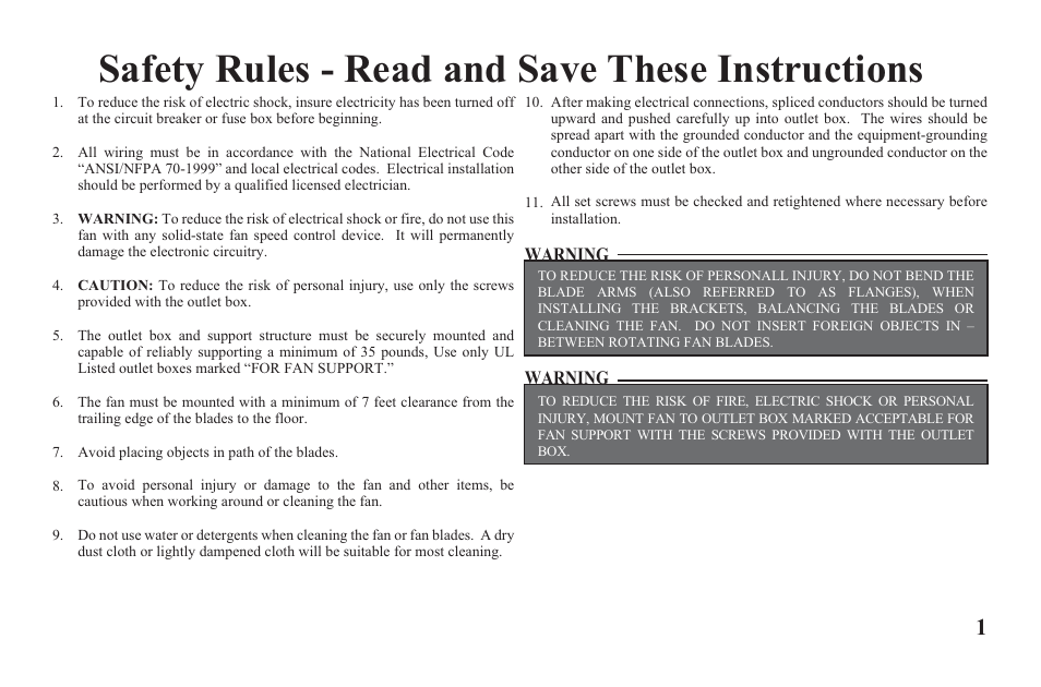 Yg204b-e-p1, Safety rules - read and save these instructions | Hampton Direct Hawkins 44 in Ceiling Fan 122 135 User Manual | Page 3 / 14