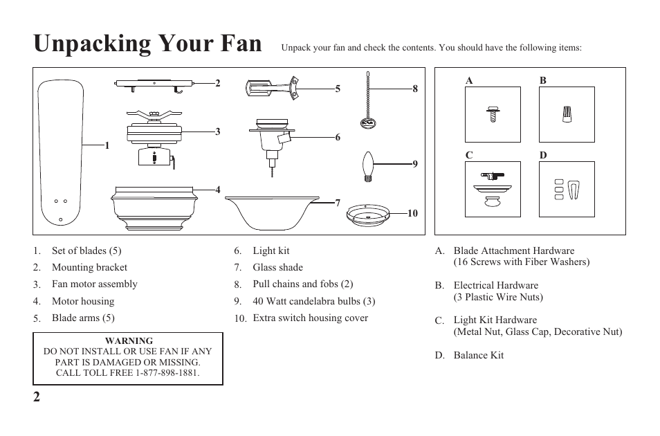 Yg204b-e-p2, Unpacking your fan | Hampton Direct Hawkins 44 in Ceiling Fan 122 135 User Manual | Page 4 / 14