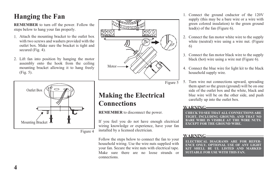 Yg204b-e-p4, Hanging the fan making the electrical connections | Hampton Direct Hawkins 44 in Ceiling Fan 122 135 User Manual | Page 6 / 14