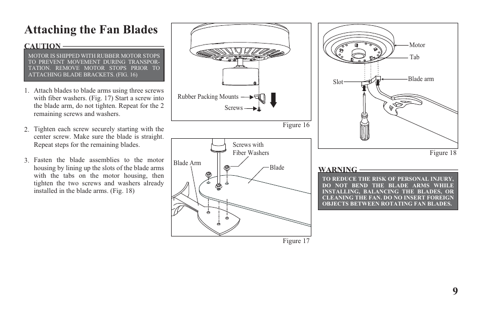 Ag524-e-p9, Attaching the fan blades | Hampton Direct 52 in Ceiling Fan 165 474 User Manual | Page 11 / 17