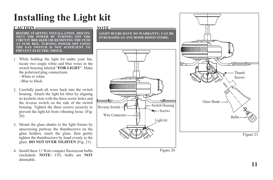 Ag524-e-p11, Installing the light kit | Hampton Direct 52 in Ceiling Fan 165 474 User Manual | Page 13 / 17