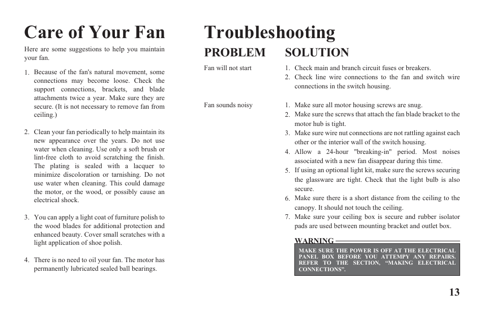 Ag524-e-p13, Care of your fan troubleshooting, Problem solution | Hampton Direct 52 in Ceiling Fan 165 474 User Manual | Page 15 / 17