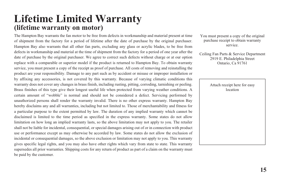 Ag524-e-p15, Lifetime limited warranty, Lifetime warranty on motor) | Hampton Direct 52 in Ceiling Fan 165 474 User Manual | Page 17 / 17
