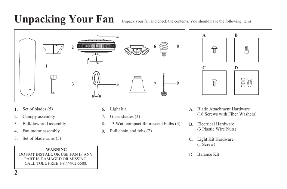 Ag524-e-p2, Unpacking your fan | Hampton Direct 52 in Ceiling Fan 165 474 User Manual | Page 4 / 17