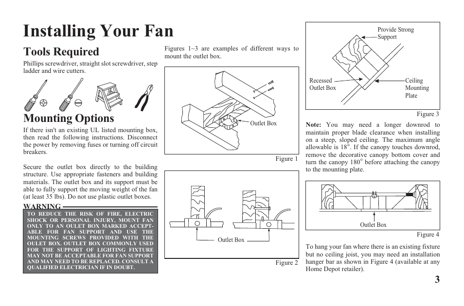 Ag524-e-p3, Installing your fan, Tools required mounting options | Hampton Direct 52 in Ceiling Fan 165 474 User Manual | Page 5 / 17