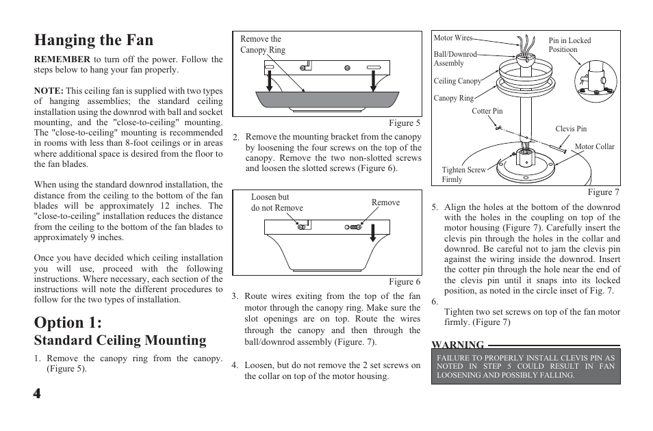 Ag524-e-p4, Hanging the fan option 1, Standard ceiling mounting | Hampton Direct 52 in Ceiling Fan 165 474 User Manual | Page 6 / 17