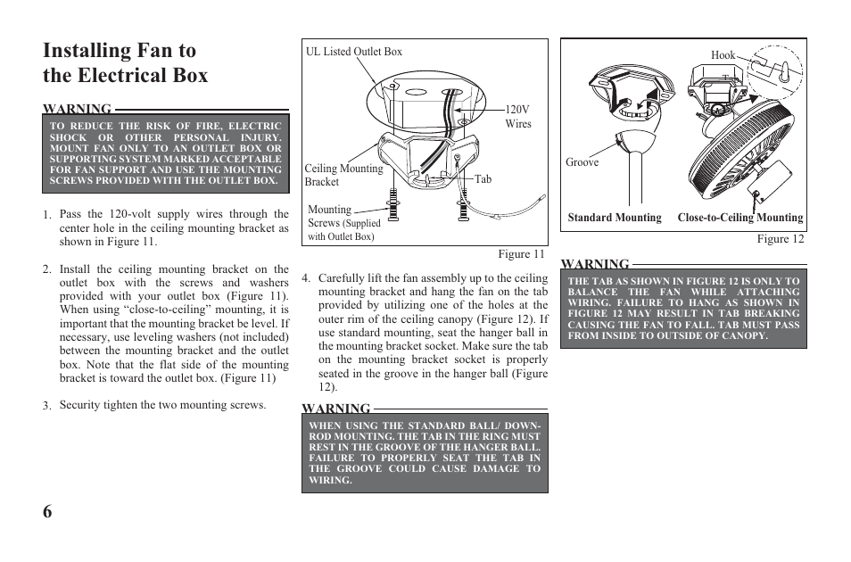 Ag524-e-p6, Installing fan to the electrical box | Hampton Direct 52 in Ceiling Fan 165 474 User Manual | Page 8 / 17