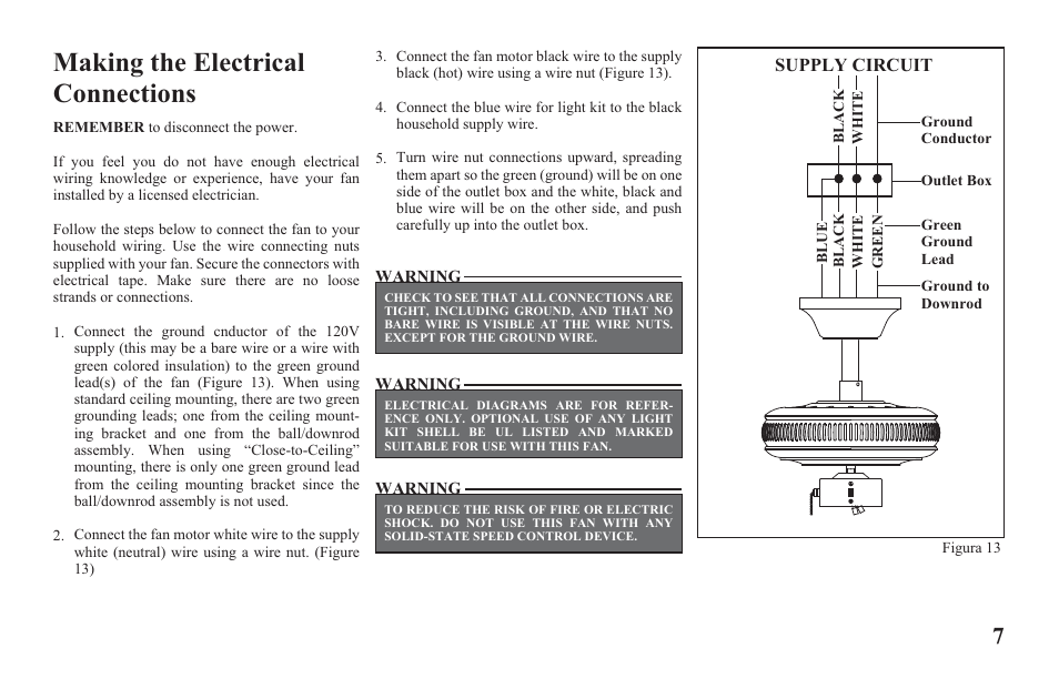 Ag524-e-p7, Making the electrical connections | Hampton Direct 52 in Ceiling Fan 165 474 User Manual | Page 9 / 17