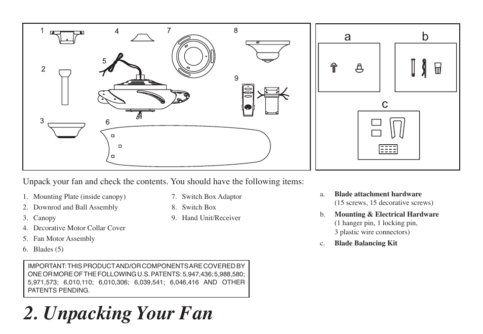 Unpacking your fan, Ab c | Hampton Direct Altura 68-ATR User Manual | Page 4 / 15